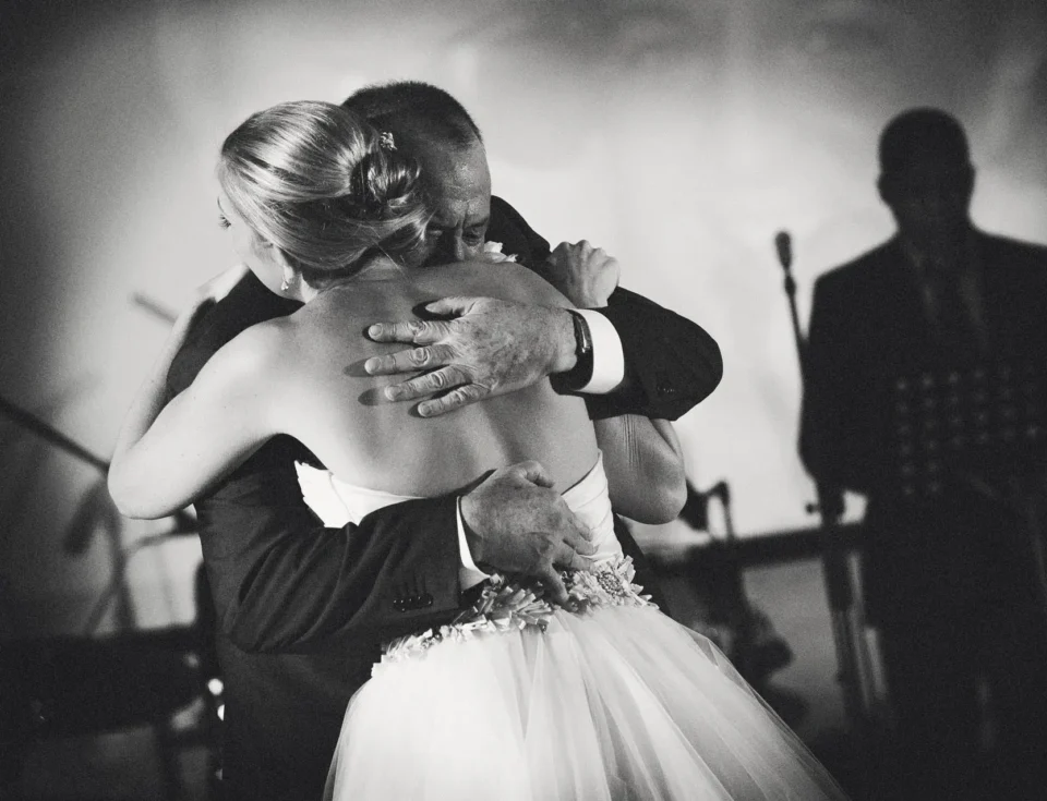 Bride and father hug on the dancefloor - Scott Gilbert Wedding Photography