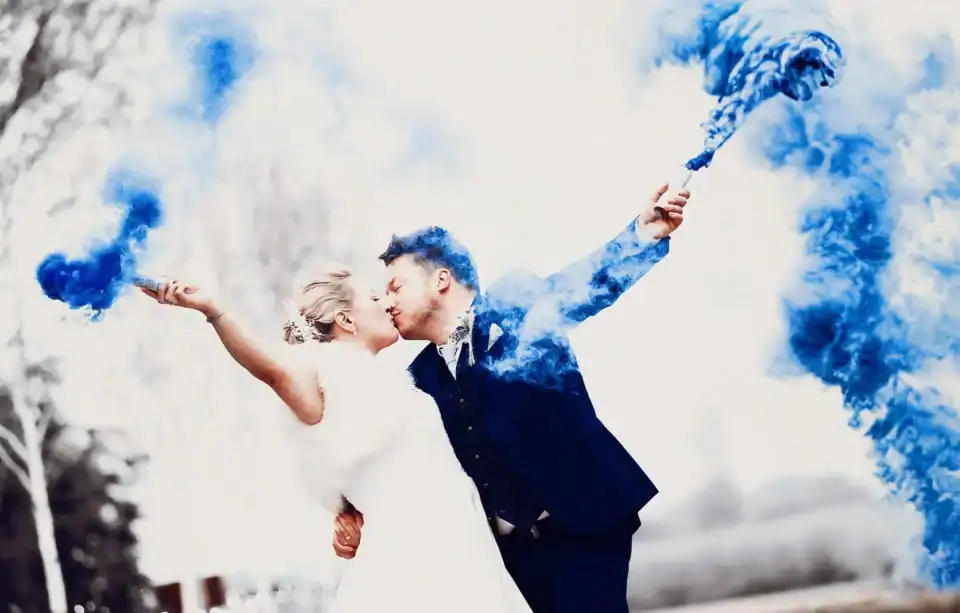 Bride and groom light blue smoke bombs - Scott Gilbert Wedding Photography
